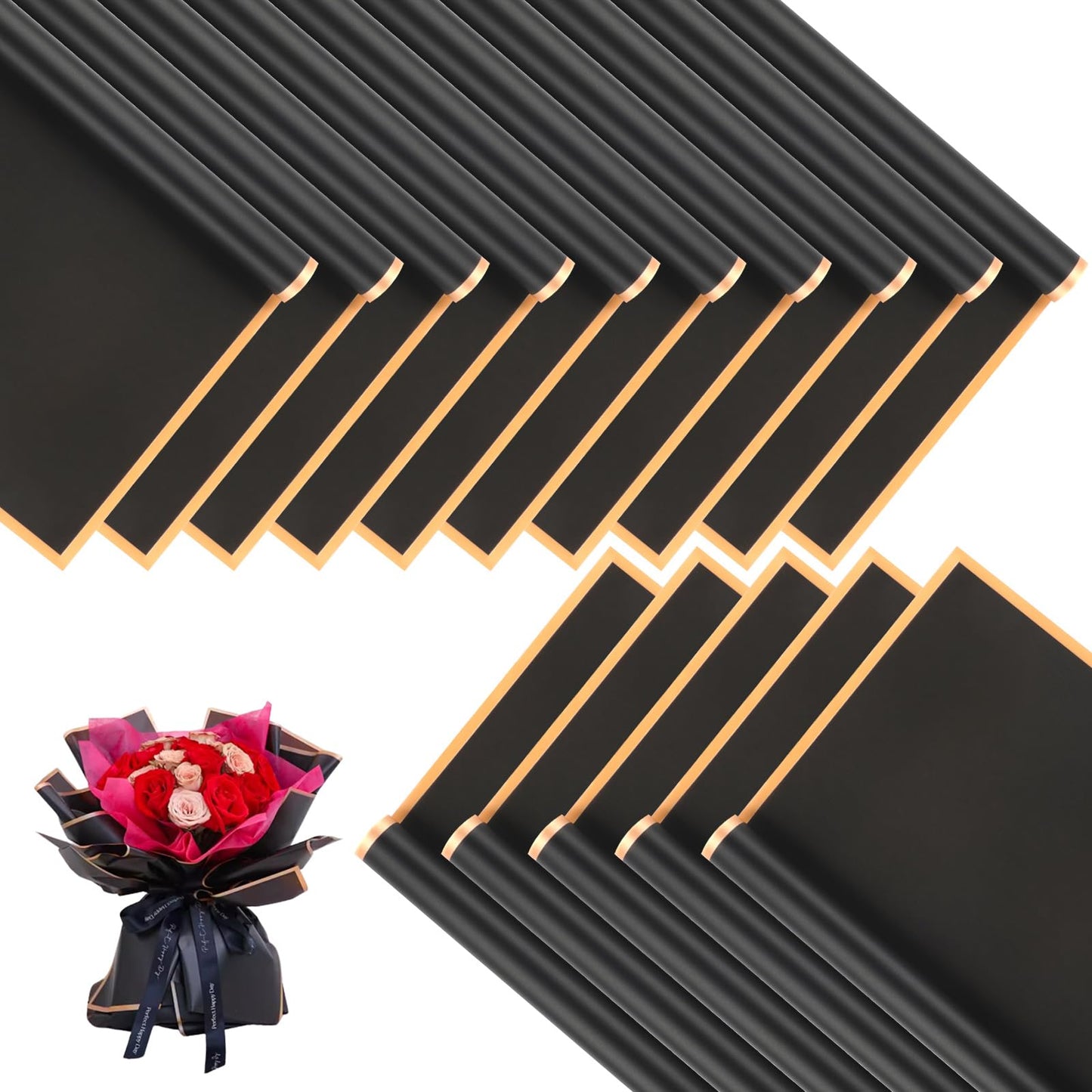 Waterproof Korean Flower Wrapping Paper – Black with Gold Rim (20 Sheets)
