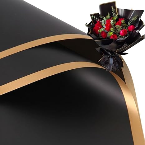 Waterproof Korean Flower Wrapping Paper – Black with Gold Rim (20 Sheets)