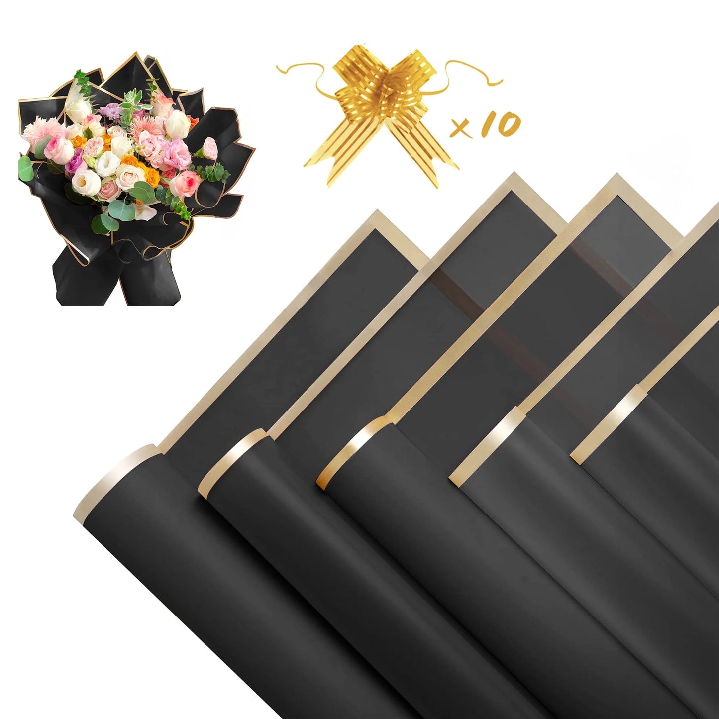 Waterproof Korean Flower Wrapping Paper – Black with Gold Rim (20 Sheets)