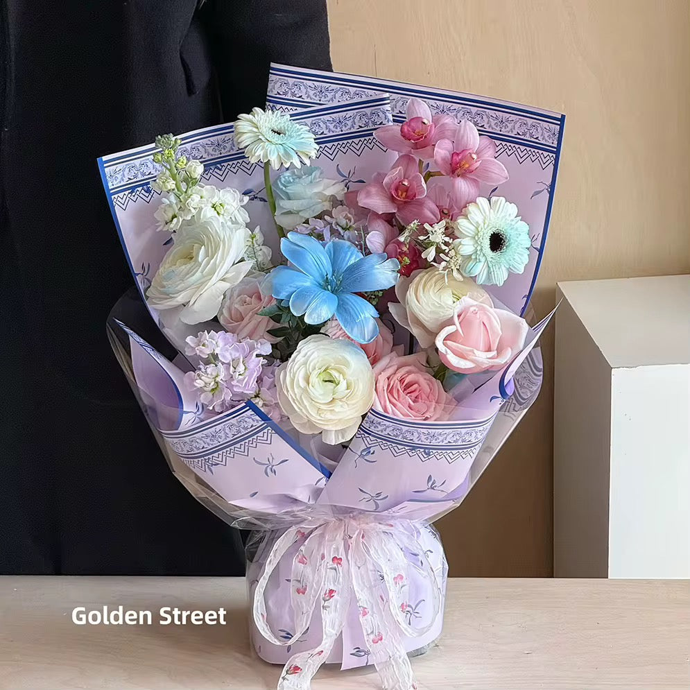 Waterproof Floral Bouquet Wrapping Paper with Decorative Border & Mini Flower Print – 20 Sheet Pack | Premium Flower Gift Wrap | 58×58cm